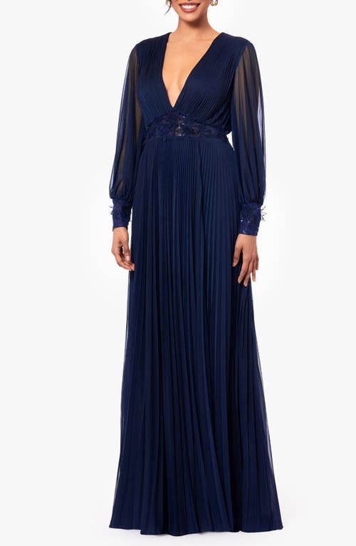 Betsy & Adam Petite V-neck Side-beaded Long-sleeve Gown In Navy