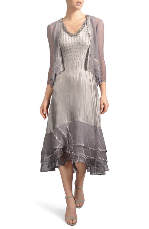 Embellished Tiered Hem Dress With Jacket in Oyster Smoke Ombre