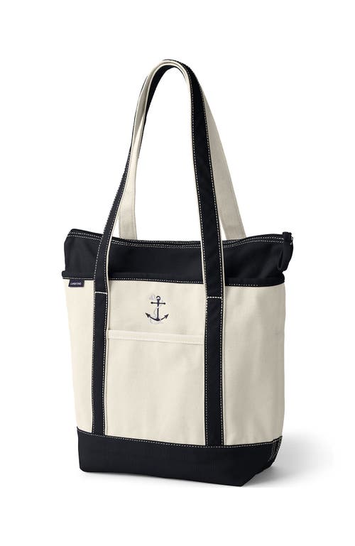 Lands' End Zip Top Long Handle Canvas Tote Bag In Natural/black