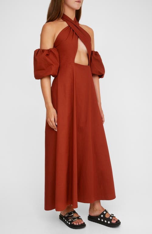 Shop Nasty Gal Cutout Halter Cold Shoulder Puff Sleeve Maxi Dress In Rust