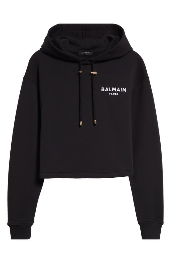 Shop Balmain Flocked Logo Cotton Fleece Crop Hoodie In Eab Black/ White