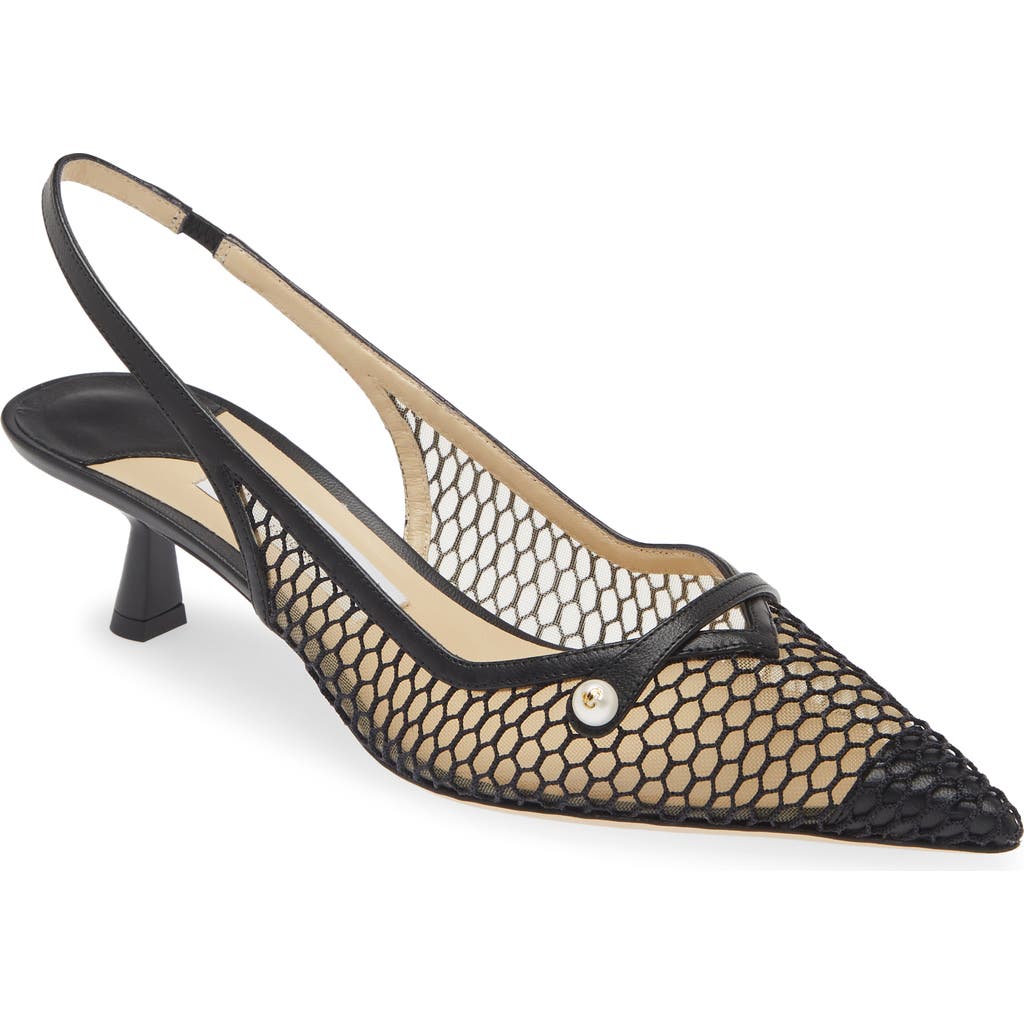 Jimmy Choo Amita 45 Fishnet Mesh & Leather Slingback Pump In Black/black