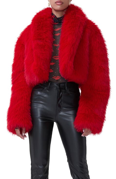 Deep red faux fur coat best sale