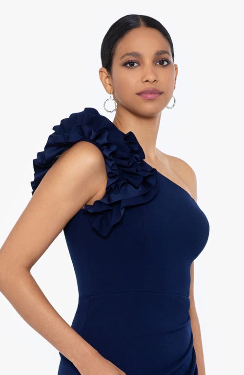 Shop Xscape Evenings Ruffle One-shoulder Mermaid Gown In Navy