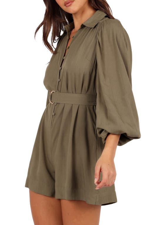 Petal And Pup Petal & Pup Louise Belted Button Front Three-quarter Sleeve Romper In Brown