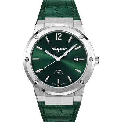 Salvatore Ferragamo F-80 Croc Embossed Leather Strap Watch, 41Mm
