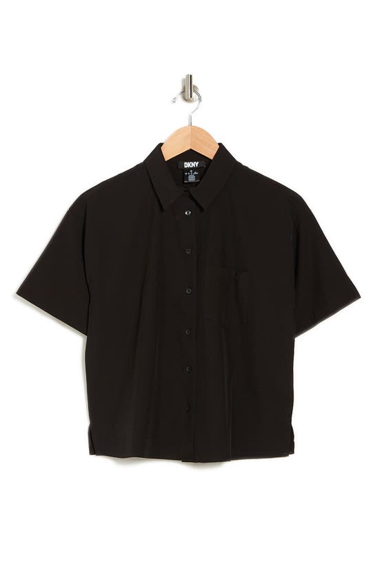 Dkny Two-way Stretch Short Sleeve Button-up Shirt In Black