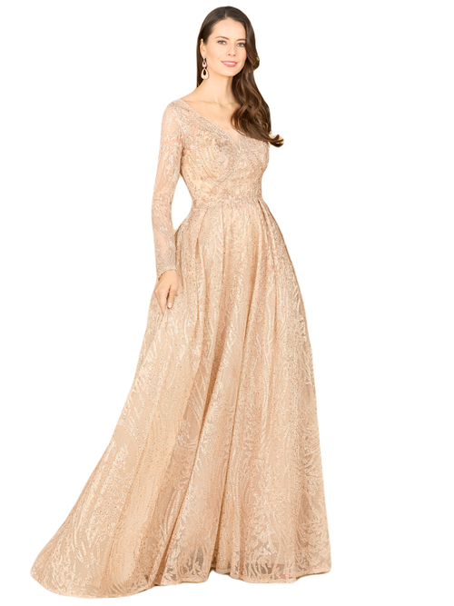 Shop Lara New York Long Sleeve, A-line Gown With A V-neckline In Champagne