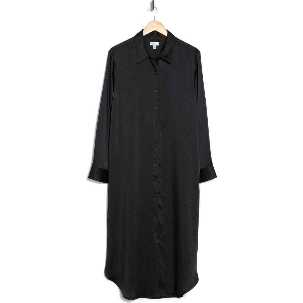 Nordstrom Rack Long Sleeve Textured Satin Shirtdress In Black