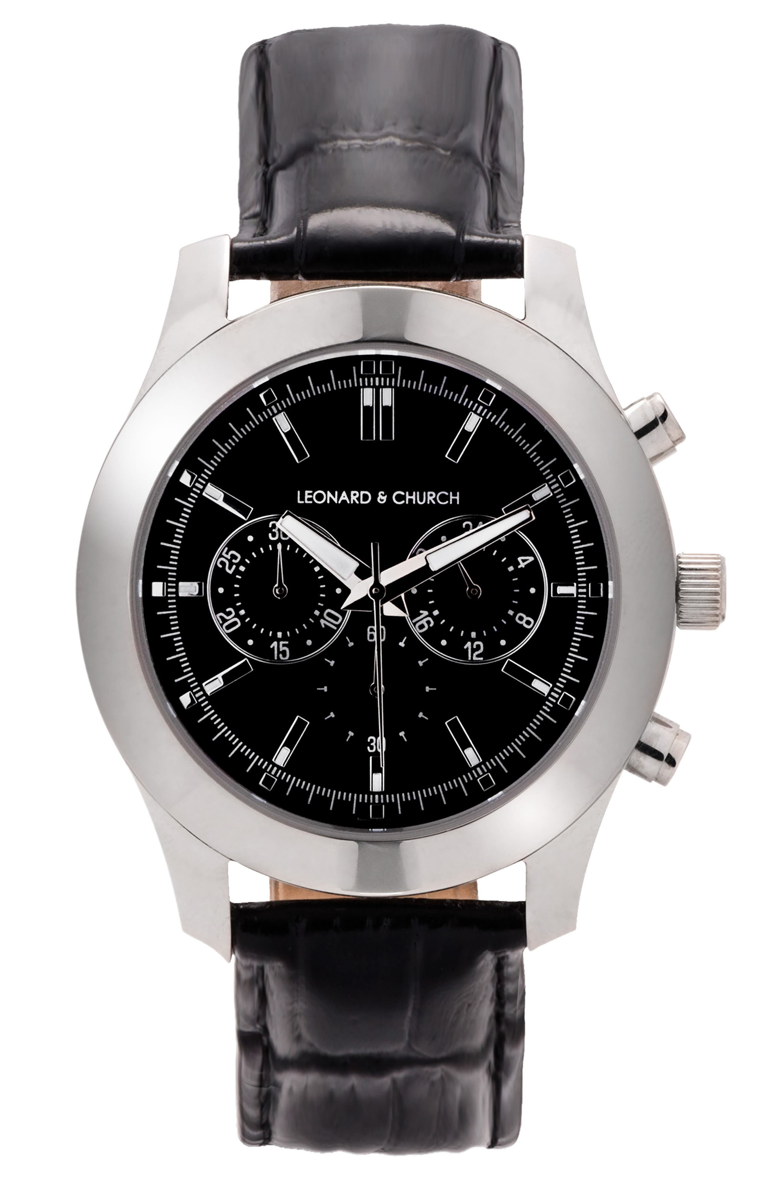 Leonard & Church Astor Chronograph Leather Strap Watch, 45mm Nordstrom