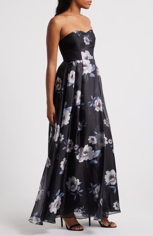 Lulus Regal Status Black Floral Print Strapless Maxi Dress In Black/white/blue