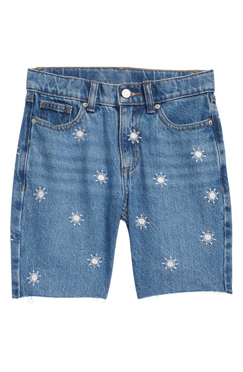 PacSun Embroidered Cutoff Denim Shorts in Medium Indigo With Sun Emb