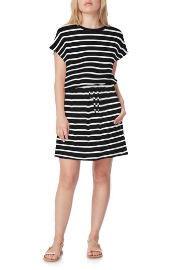 Shop C&c California C & C California Barbara Dolman Sleeve Pocket Jersey Dress In Black Night/snow White Stripe