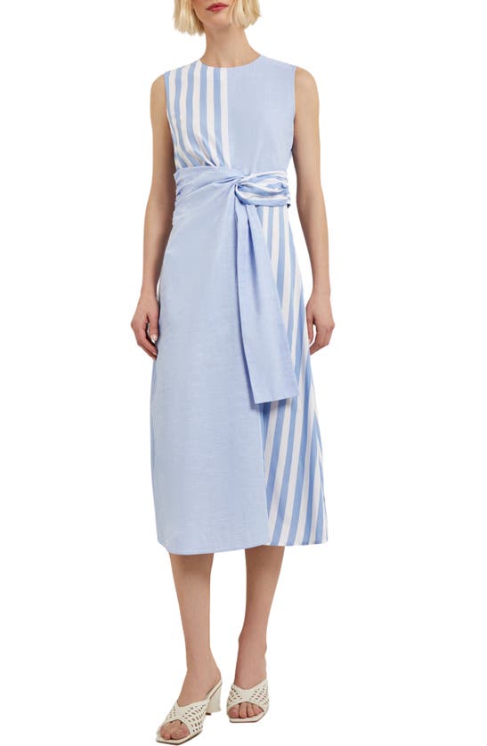 Shop Misook Front Twist Cotton & Linen Midi Dress In Blue/ivory