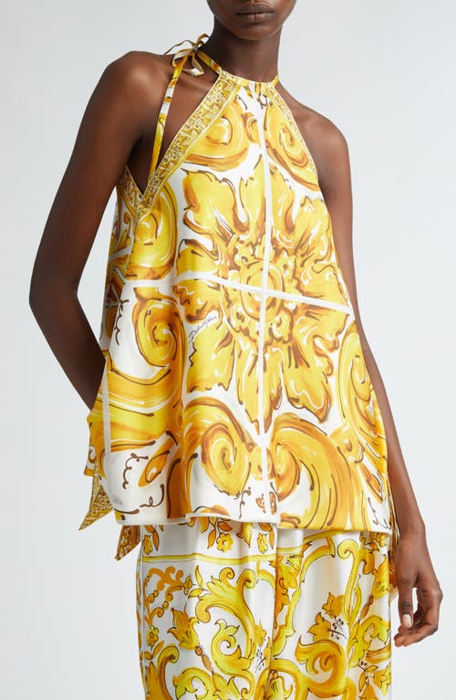 Shop Dolce & Gabbana Dolce&gabbana Majolica Print Sleeveless Silk Twill Halter Top In H45dq Maiolica 1l Giallo