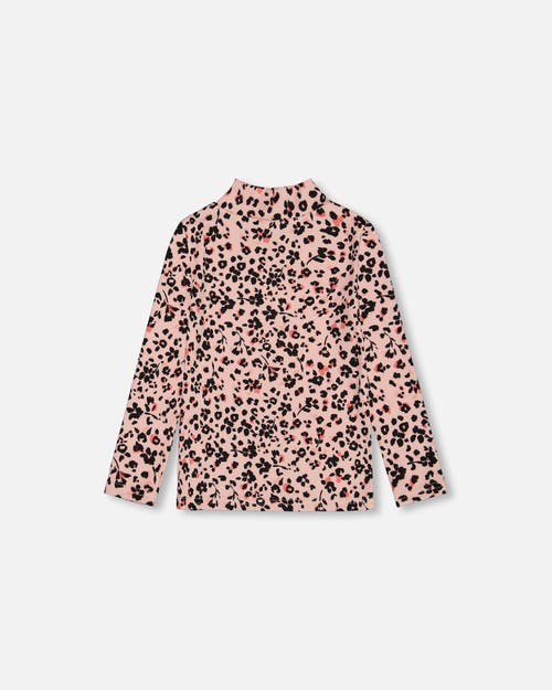 Shop Deux Par Deux Girl's Long Sleeve Mock Neck Top Pink Printed Leopard Flowers In Animal Flowers Print