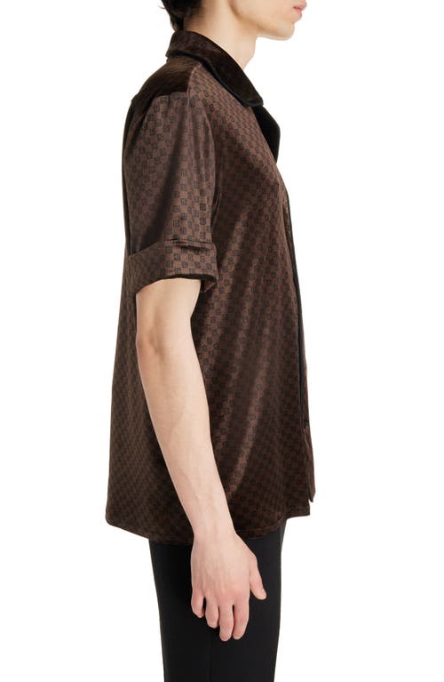 Shop Balmain Mini Monogram Short Sleeve Velvet Button-up Shirt In Wfp Brown/multi