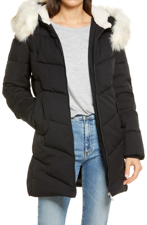 Women S Black Fur Faux Coats, Black Coat With White Fur Hood