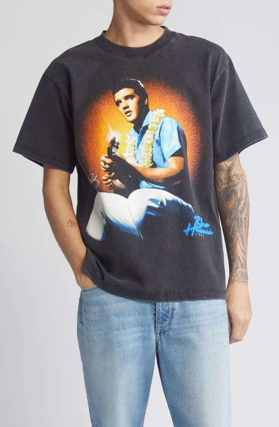 Shop Id Supply Co Elvis Blue Hawaii Cotton Graphic T-shirt In Washed Black
