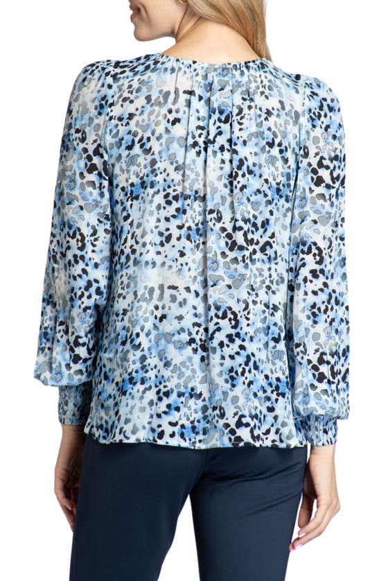Apny Leopard Print Gathered Neck Chiffon Top In Blue Multi