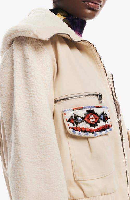 Desigual Chaq Roma Faux Shearling Crop Bomber Jacket In White