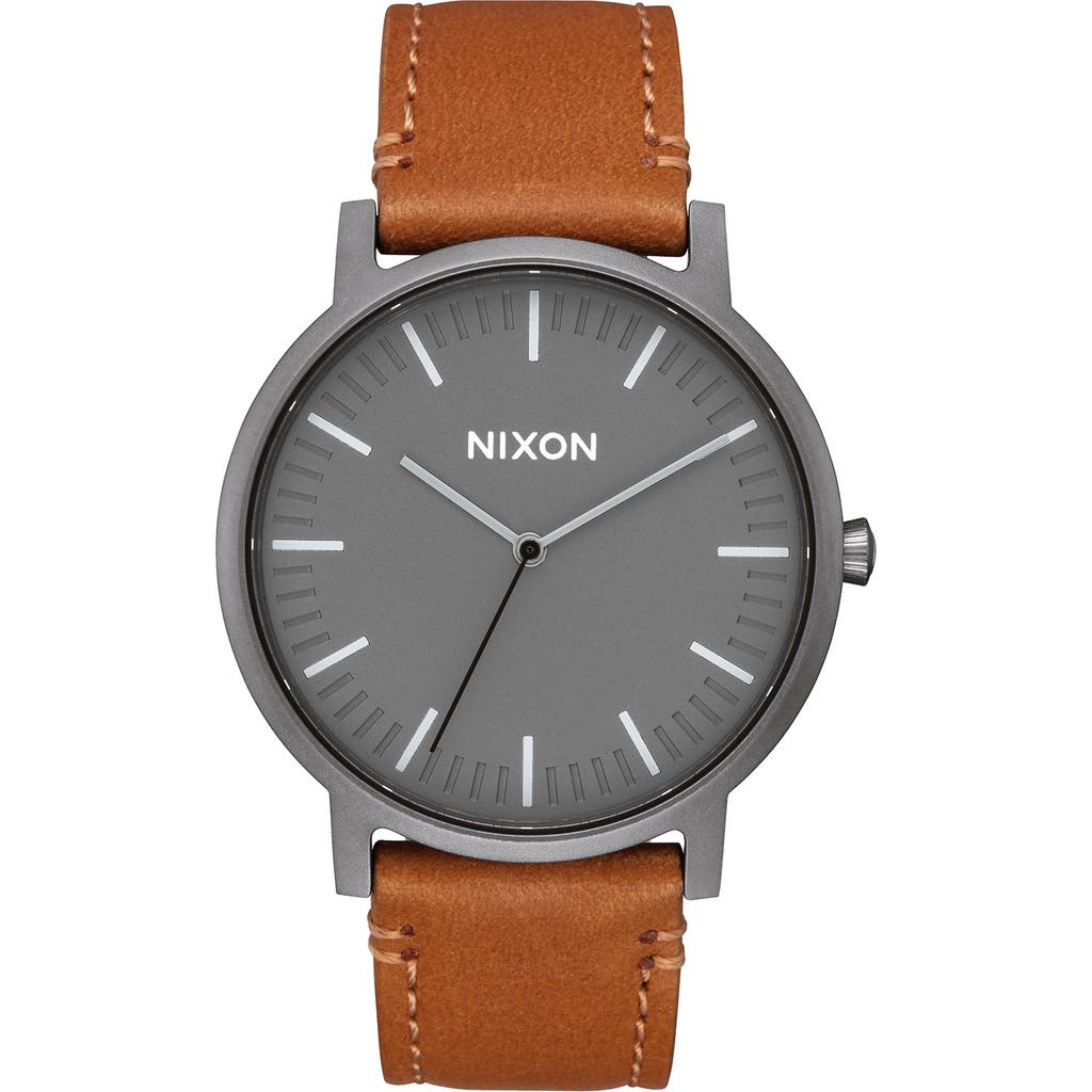 Nixon Porter Round Leather Strap Watch, 40mm In Gray