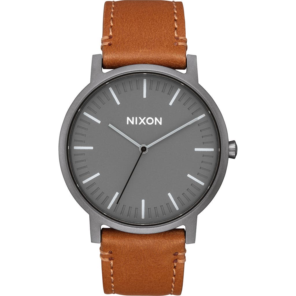 Nixon Porter Round Leather Strap Watch, 40mm In Gunmetal/charcoal/taupe