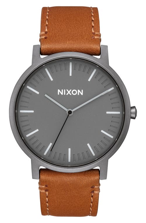 Shop Nixon Porter Round Leather Strap Watch, 40mm In Gunmetal/charcoal/taupe