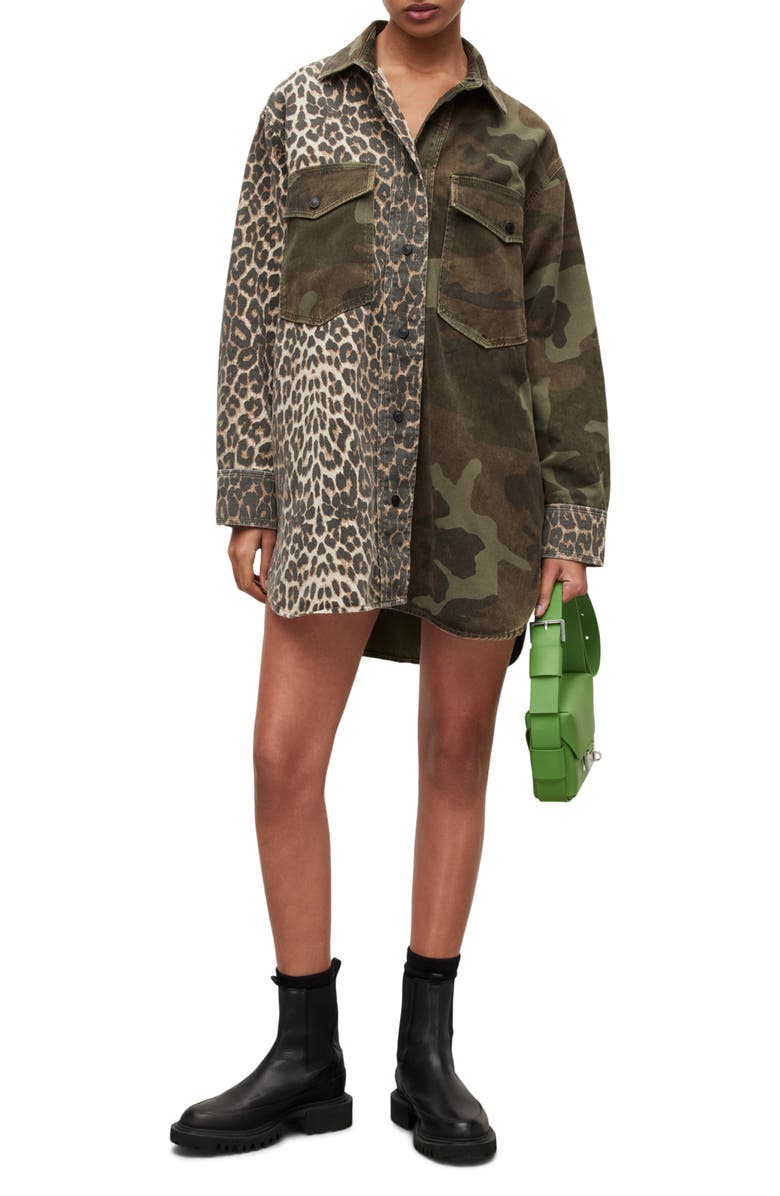 AllSaints Lily Camo & Leopard Long Sleeve Shirtdress | Nordstrom