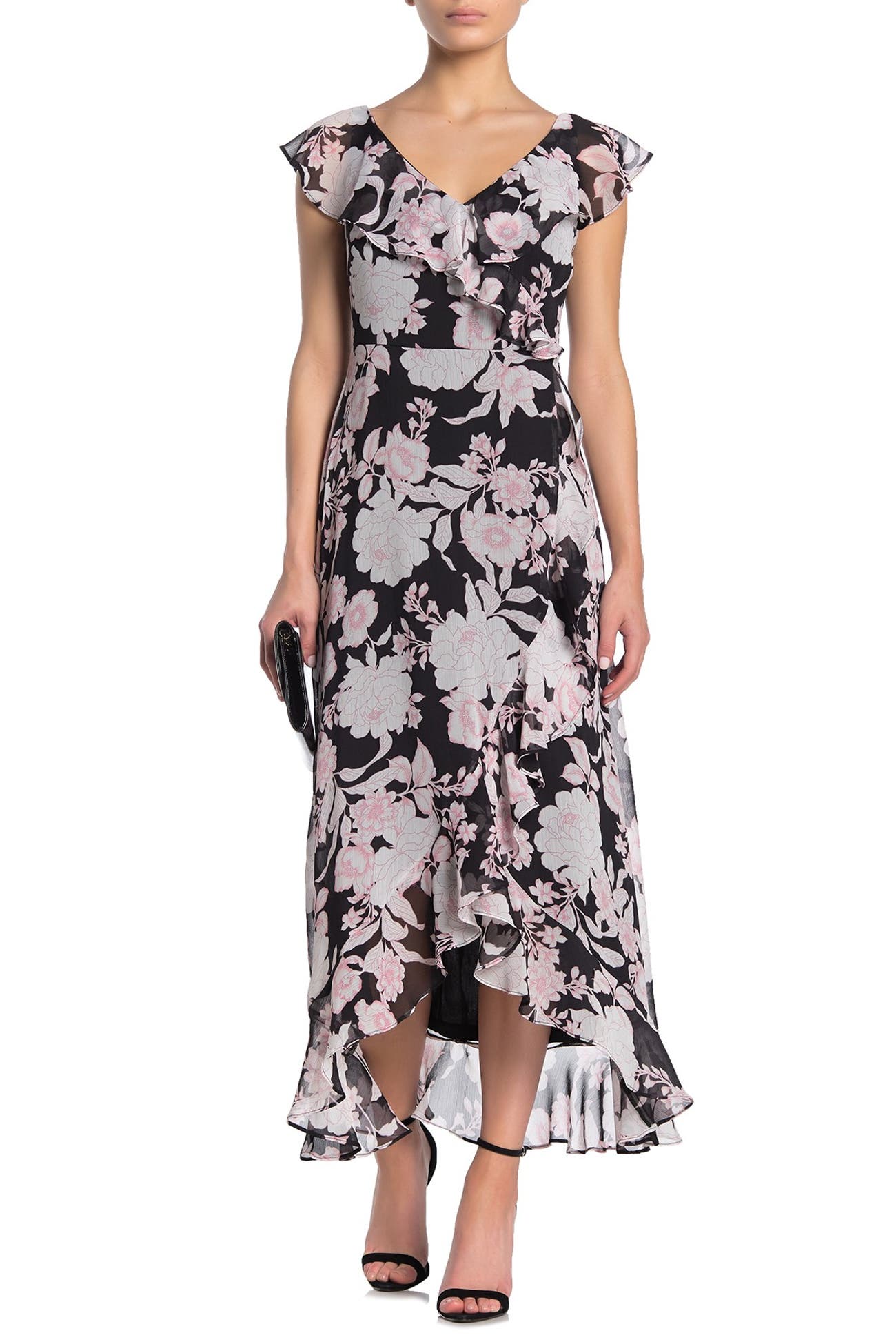 London Times Floral Ruffled Wrap Midi Dress Nordstrom Rack 