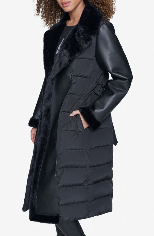 Karl Lagerfeld Paris Faux Fur Trim Quilted Coat In Black