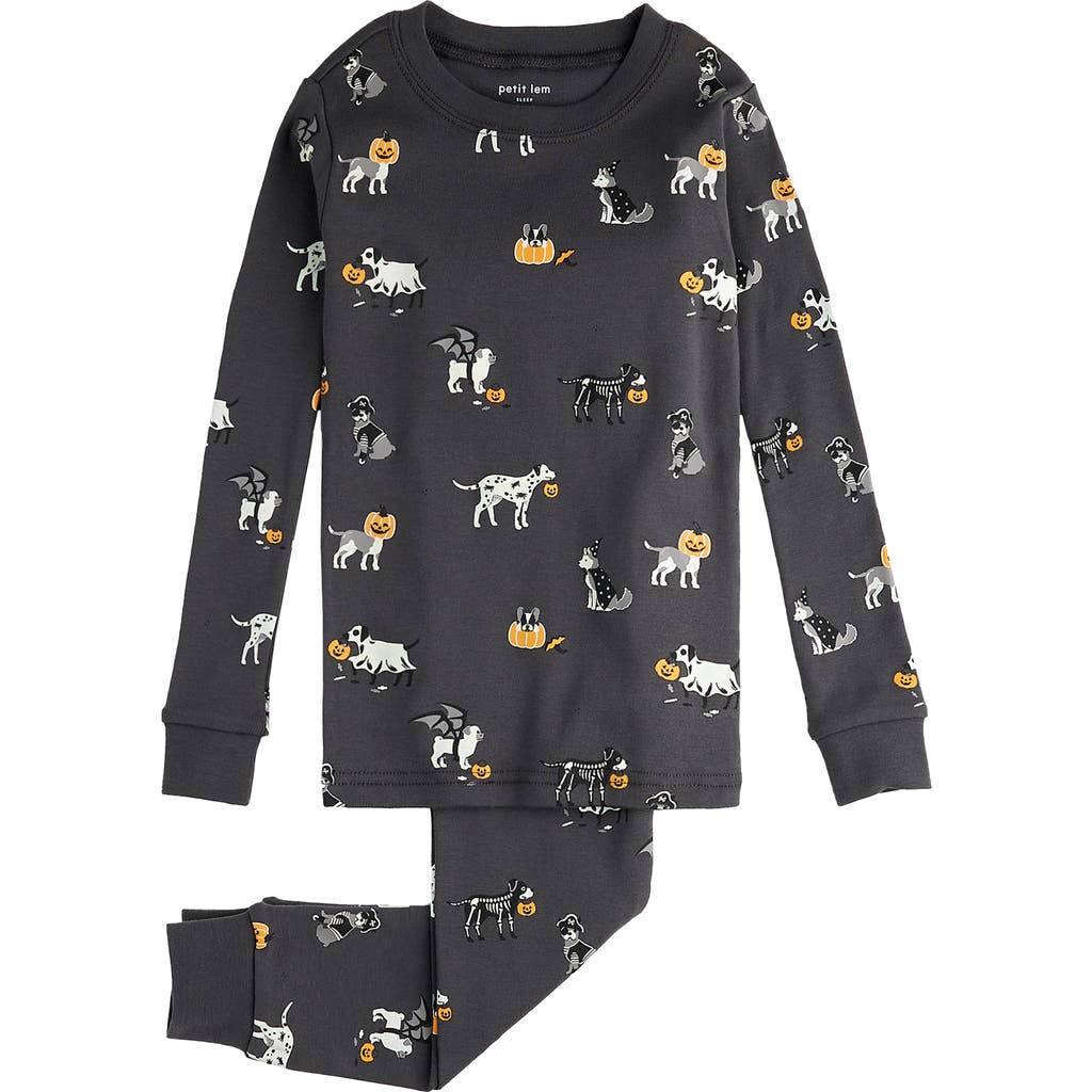 FIRSTS by Petit Lem Howl-Oween Glow in the Dark Fitted Two Piece Pajamas in Dark Grey