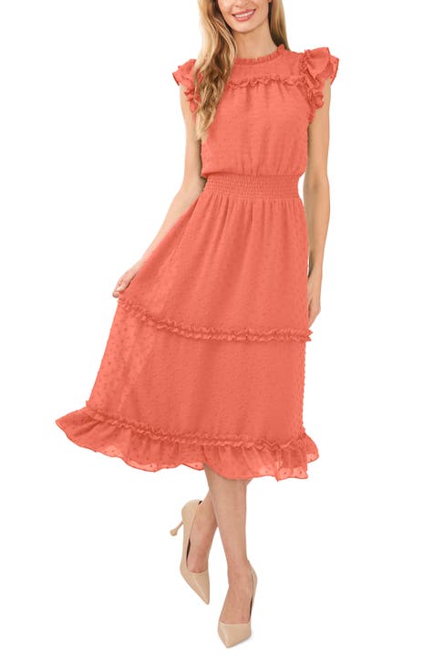 Women's Wide Strap Sleeveless A-Line Dress (Coral Orange Floral, XL)