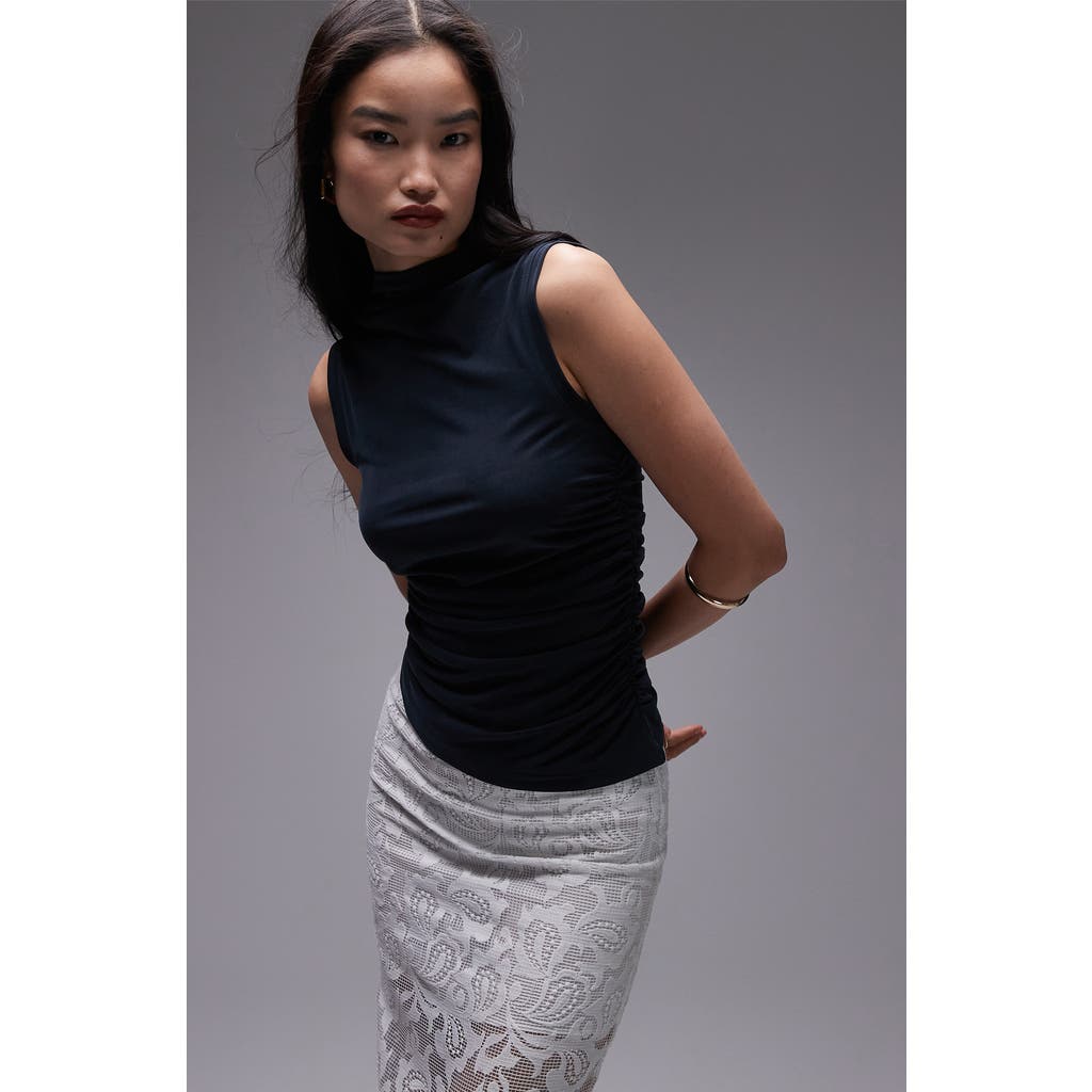 Topshop High Neck Ruched Side Super Soft Cupro Top In Black