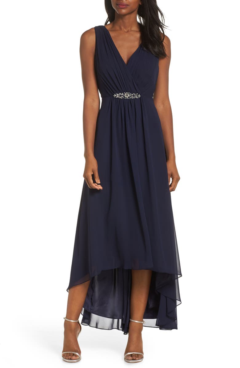 ELIZA J Embellished High/Low Chiffon Dress, Main, color, NAVY