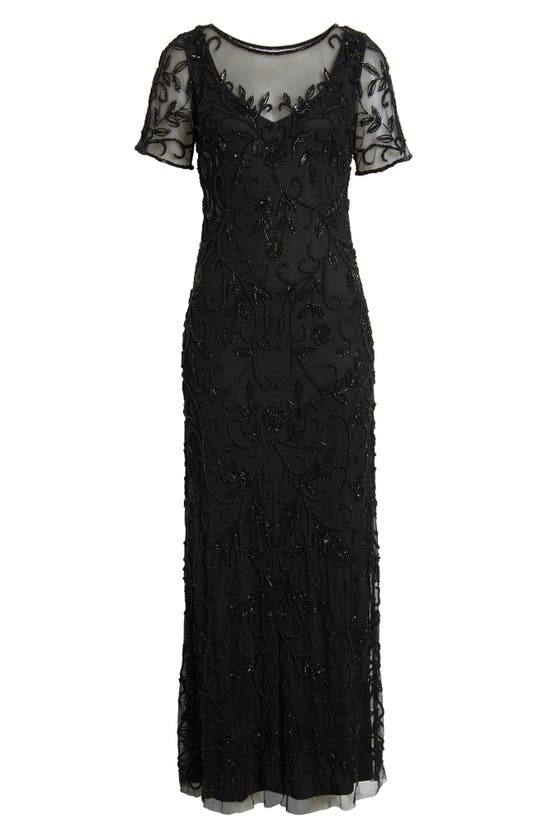 Shop Pisarro Nights Floral Beaded Short Sleeve A-line Gown In Black