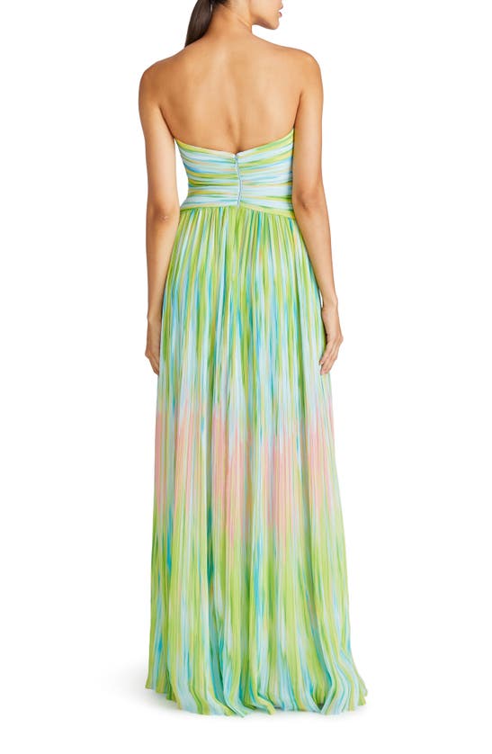 Shop ml Monique Lhuillier Mila Pleated Print Strapless Chiffon Gown In Electric Stripe