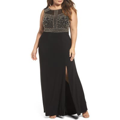 Plus Size Morgan & Co. Beaded Sheer Back Gown, Black