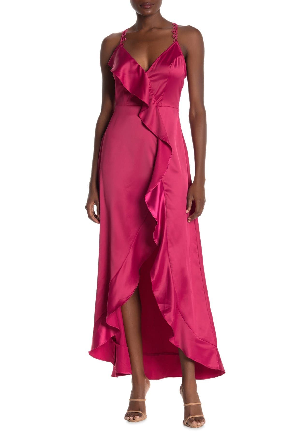 ruffle satin maxi dress