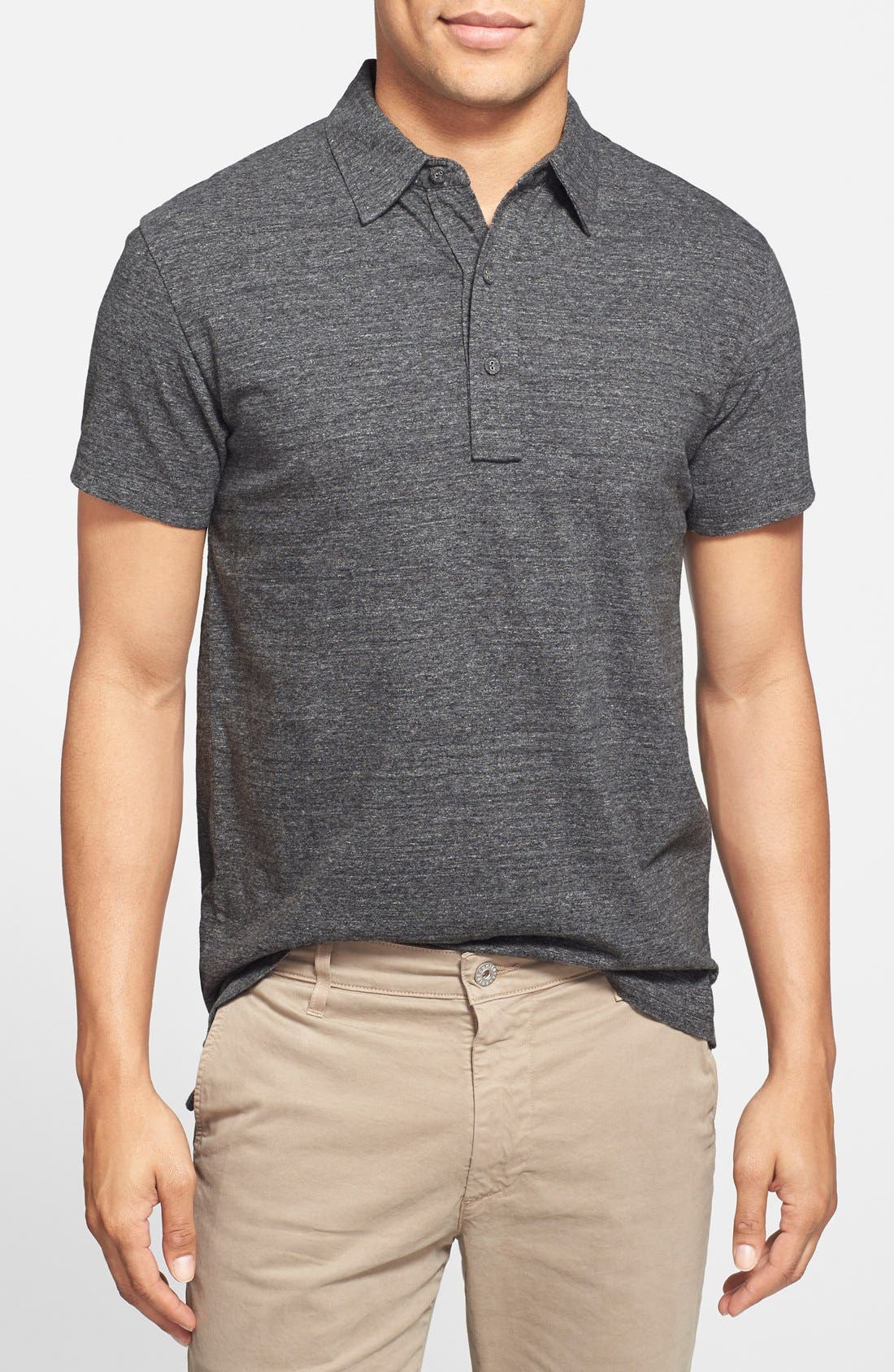 gray polo with khaki pants