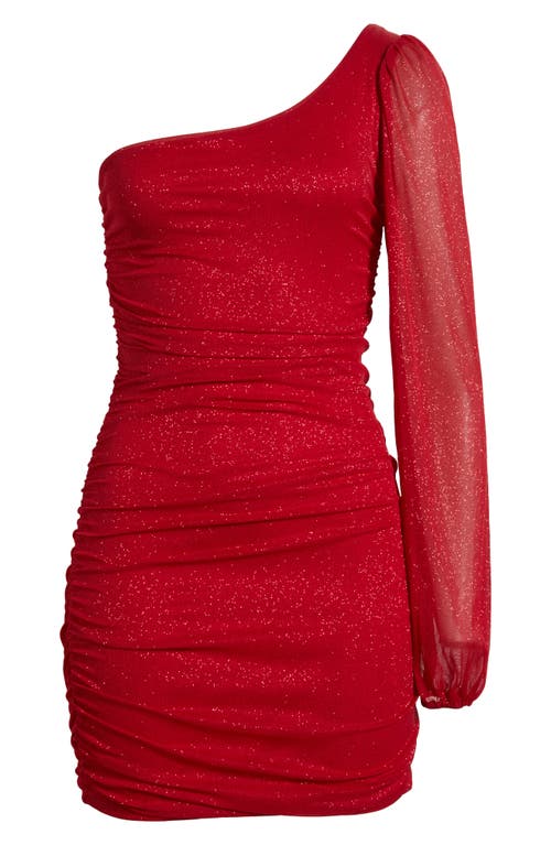 Jump Apparel One Shoulder Metallic Ruched Minidress In Red