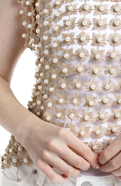 Shop Saachi Pearly Beaded Floral Lace Top In Gold