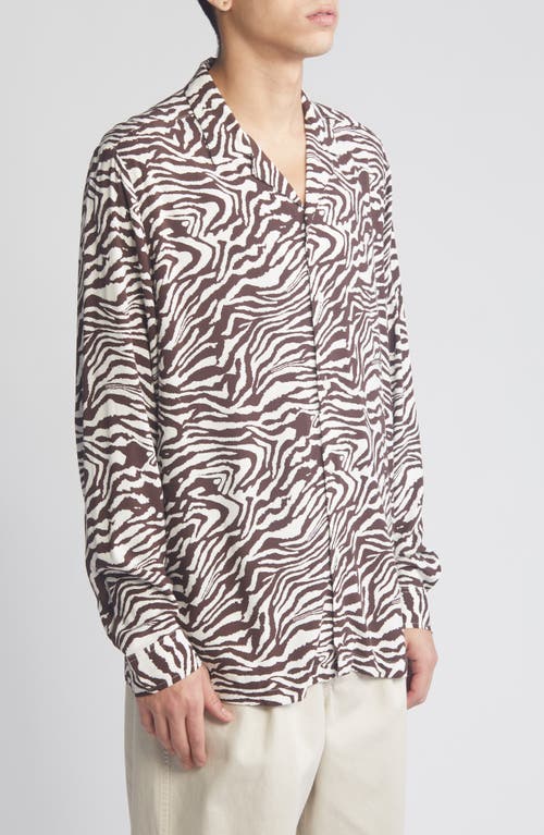 Shop Asos Design Zebra Print Relaxed Long Sleeve Camp Shirt In Brown