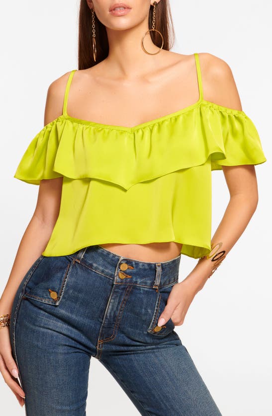 Shop Ramy Brook Teresa Cold-shoulder Ruffle Top In Lime