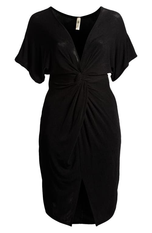 24seven Comfort Apparel Plus Size Short Sleeve V-neck Twist Front Split Hem Dress In Black