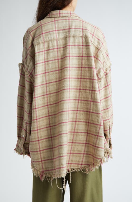 Shop R13 Shredded Seam Plaid Oversize Cotton Flannel Button-up Shirt In Overdyed Ecru/pink Plaid