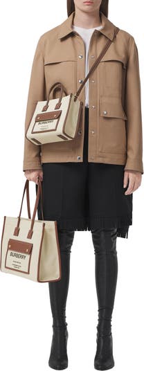 Burberry Medium Freya Natural/Tan Leather And Canvas Tote Bag New