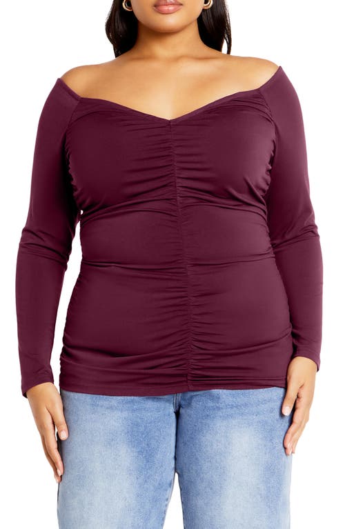 Shop City Chic Sally Ruched Off The Shoulder Top In Plum