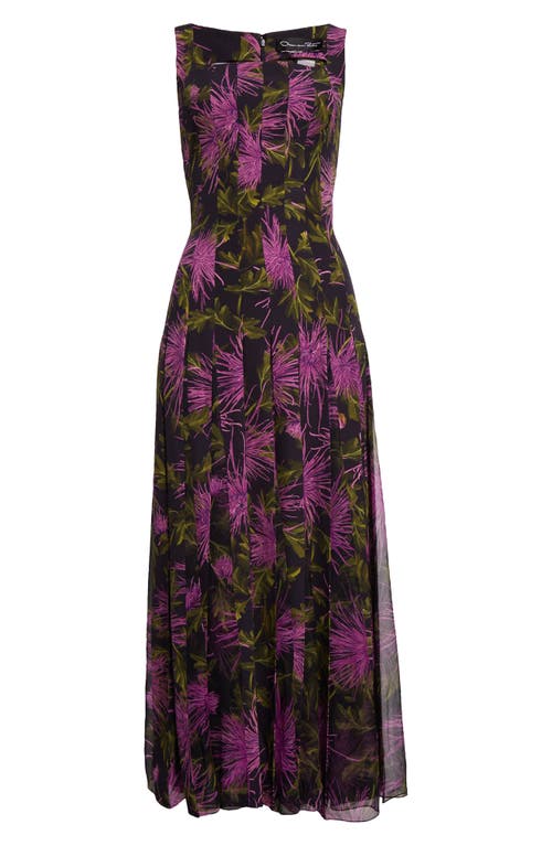 Shop Oscar De La Renta Chrysanthemum Print Paneled Midi Dress In Purple/navy