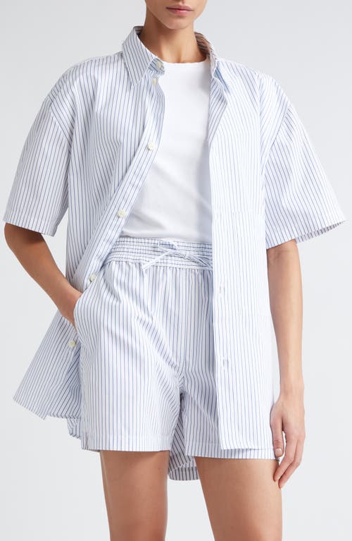 Róhe Stripe Short Sleeve Cotton Shirt White Blue at Nordstrom, Us